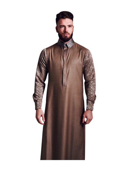 LAWUNG MEN'S DESERT GOLD THOBE WITH PATTERNED SLEEVES FROM UK
