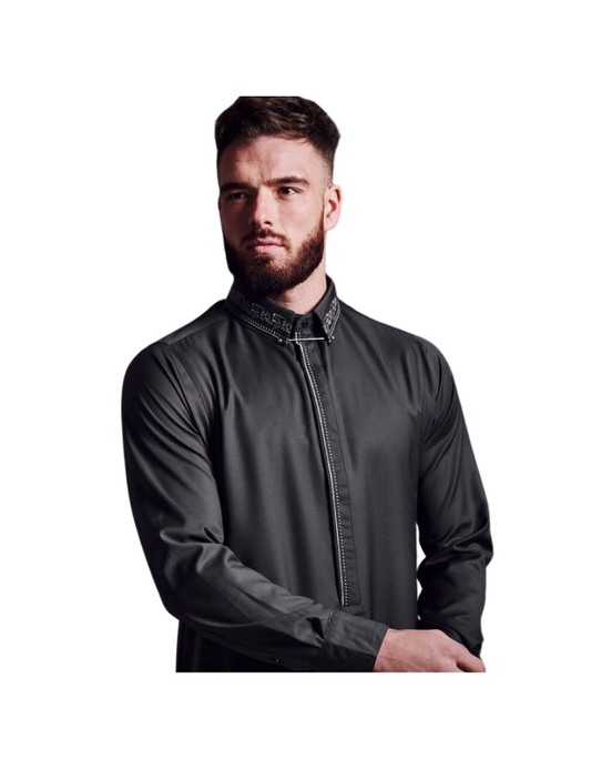 LAWUNG MENS THOBE WITH EMBROIDERED COLLAR - BLACK FROM UK