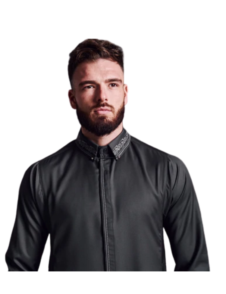 LAWUNG MENS THOBE WITH EMBROIDERED COLLAR - BLACK FROM UK