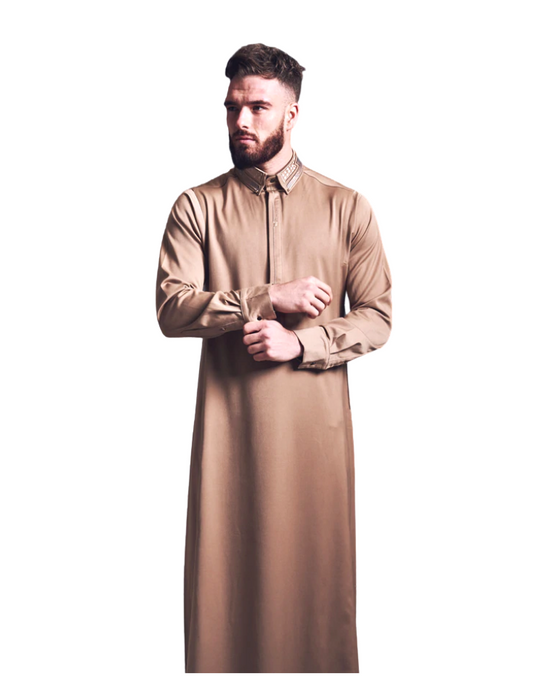 LAWUNG Mens thobe with Embroidered collar - desert Gold FROM UK
