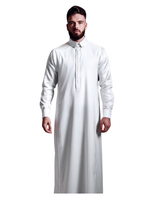 LAWUNG MEN'S WHITE THOBE WITH PATTERNED SLEEVES FROM UK