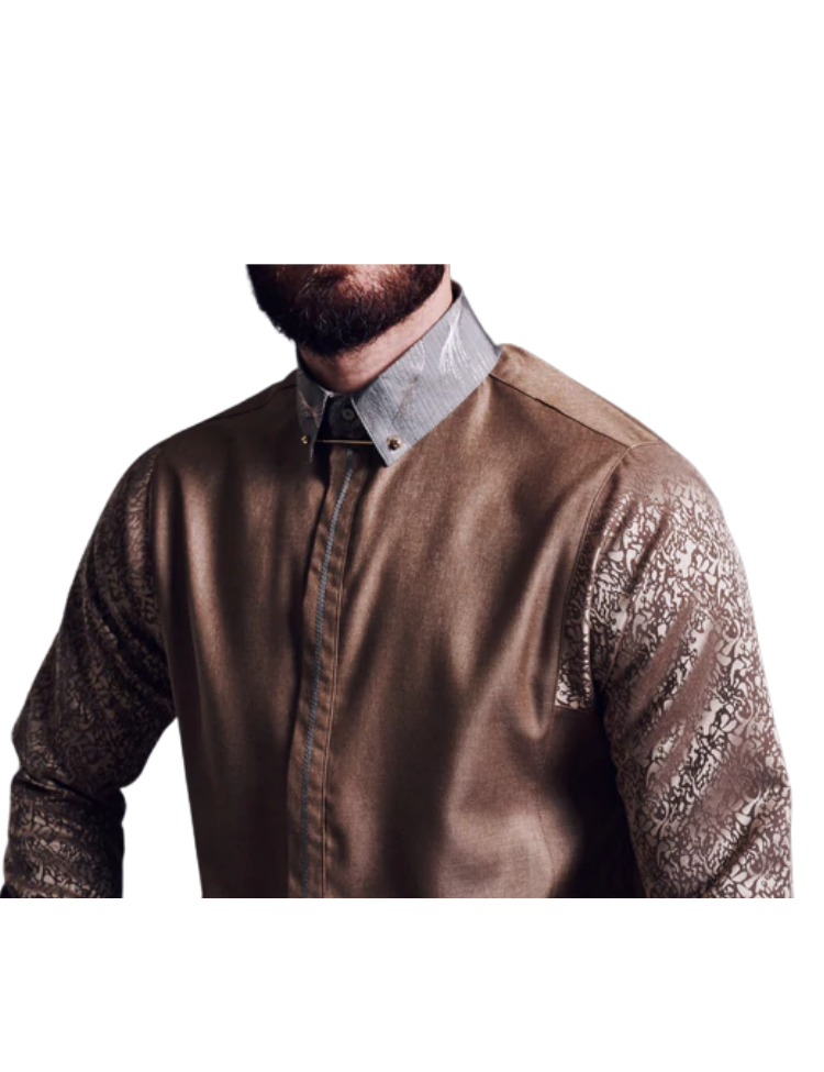 LAWUNG MEN'S DESERT GOLD THOBE WITH PATTERNED SLEEVES FROM UK