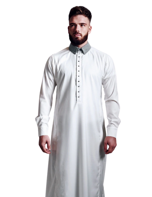 LAWUNG MEN'S WHITE THOBE WITH CONTRAST COLLAR FROM UK