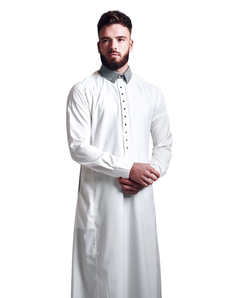 LAWUNG MEN'S WHITE THOBE WITH CONTRAST COLLAR FROM UK