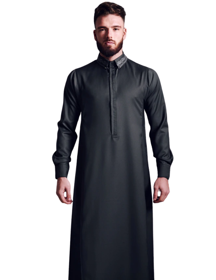 LAWUNG MENS THOBE WITH EMBROIDERED COLLAR - BLACK FROM UK