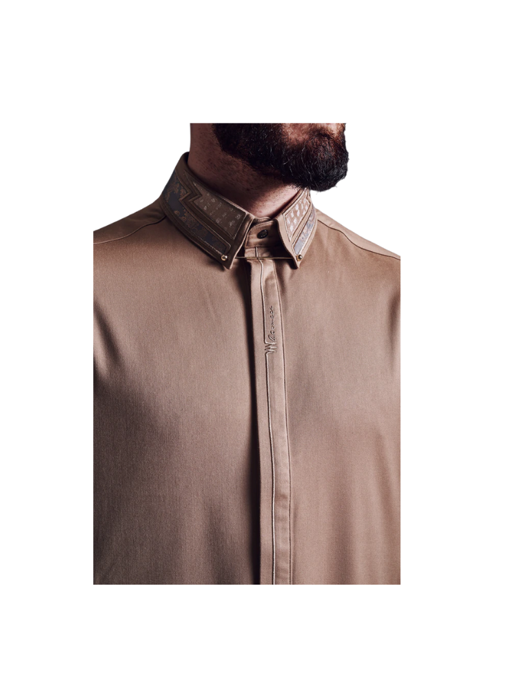 LAWUNG Mens thobe with Embroidered collar - desert Gold FROM UK
