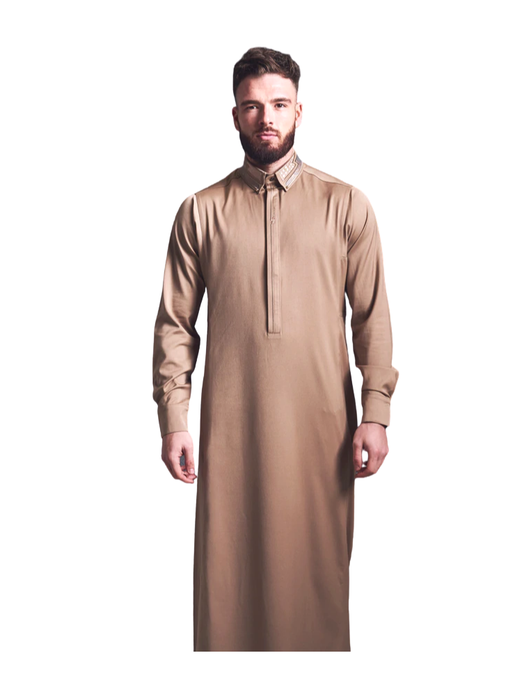 LAWUNG Mens thobe with Embroidered collar - desert Gold FROM UK